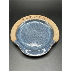 Art Pottery Blue Glazed Pillar Candle Plate Be Joyful Always Signed Christian